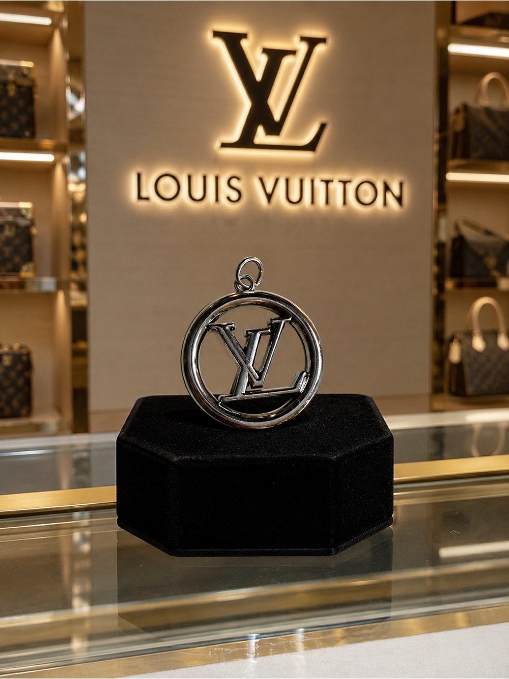 Luxury Louis Vuitton Stamped Silver-Tone Round Logo Charm Pendant zipper pull